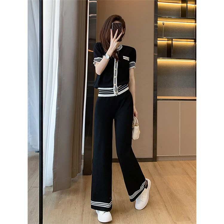 High Quality Fashion Lady Knitted Tops 2 Piece Set Casual Wide Leg Long Pants Suit Women's Summer Patchwork Knit Two Piece Sets