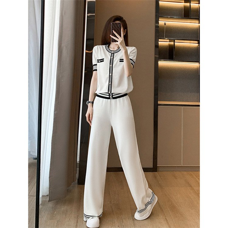 High Quality Fashion Lady Knitted Tops 2 Piece Set Casual Wide Leg Long Pants Suit Women's Summer Patchwork Knit Two Piece Sets