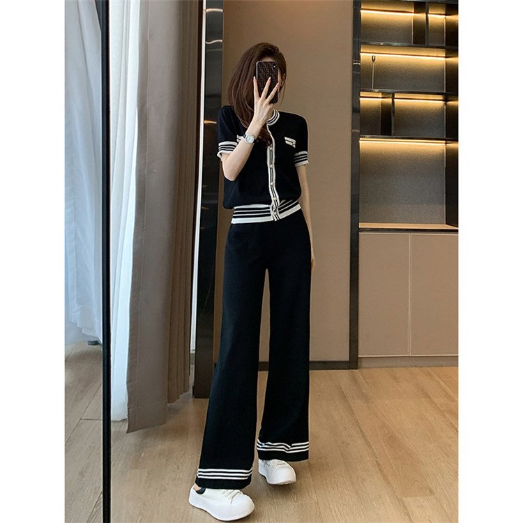 High Quality Fashion Lady Knitted Tops 2 Piece Set Casual Wide Leg Long Pants Suit Women's Summer Patchwork Knit Two Piece Sets