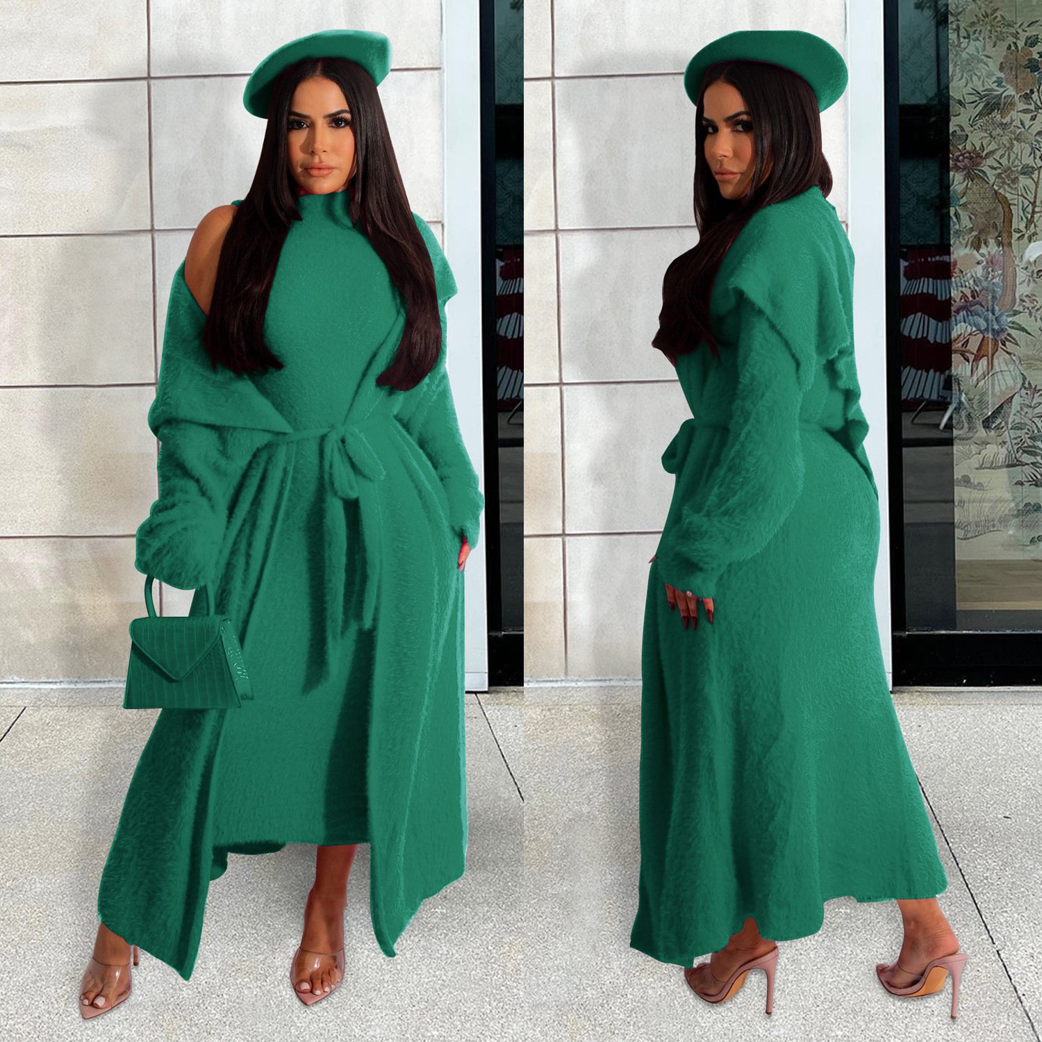 Women's Fashion Solid Color Velvet Set Oversized Coat And Long Cardigan With Loose Fit