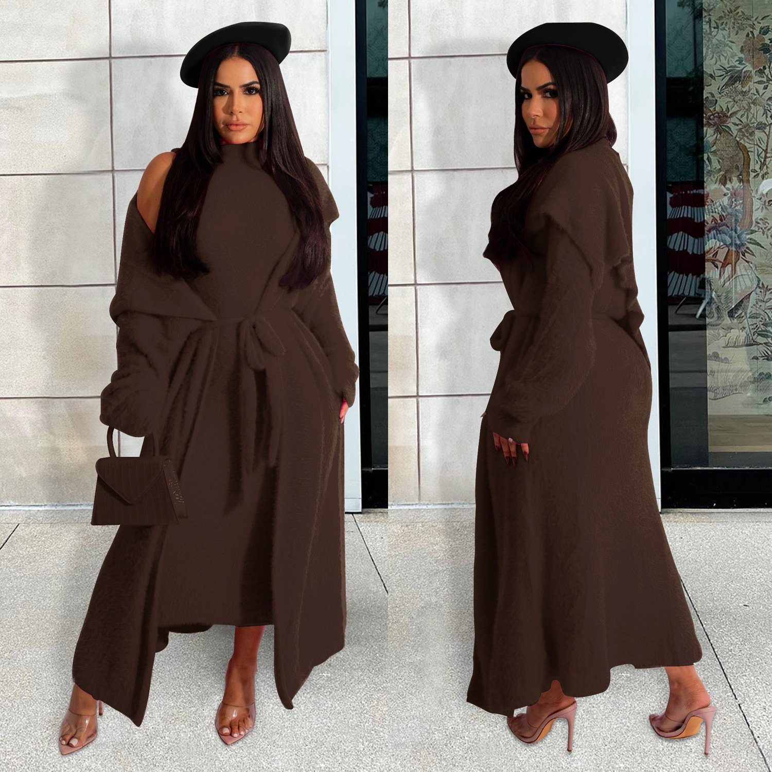 Women's Fashion Solid Color Velvet Set Oversized Coat And Long Cardigan With Loose Fit