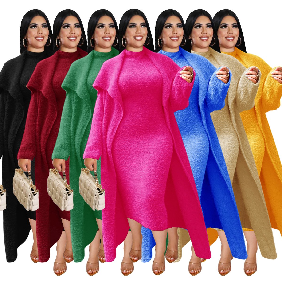Women's Fashion Solid Color Velvet Set Oversized Coat And Long Cardigan With Loose Fit