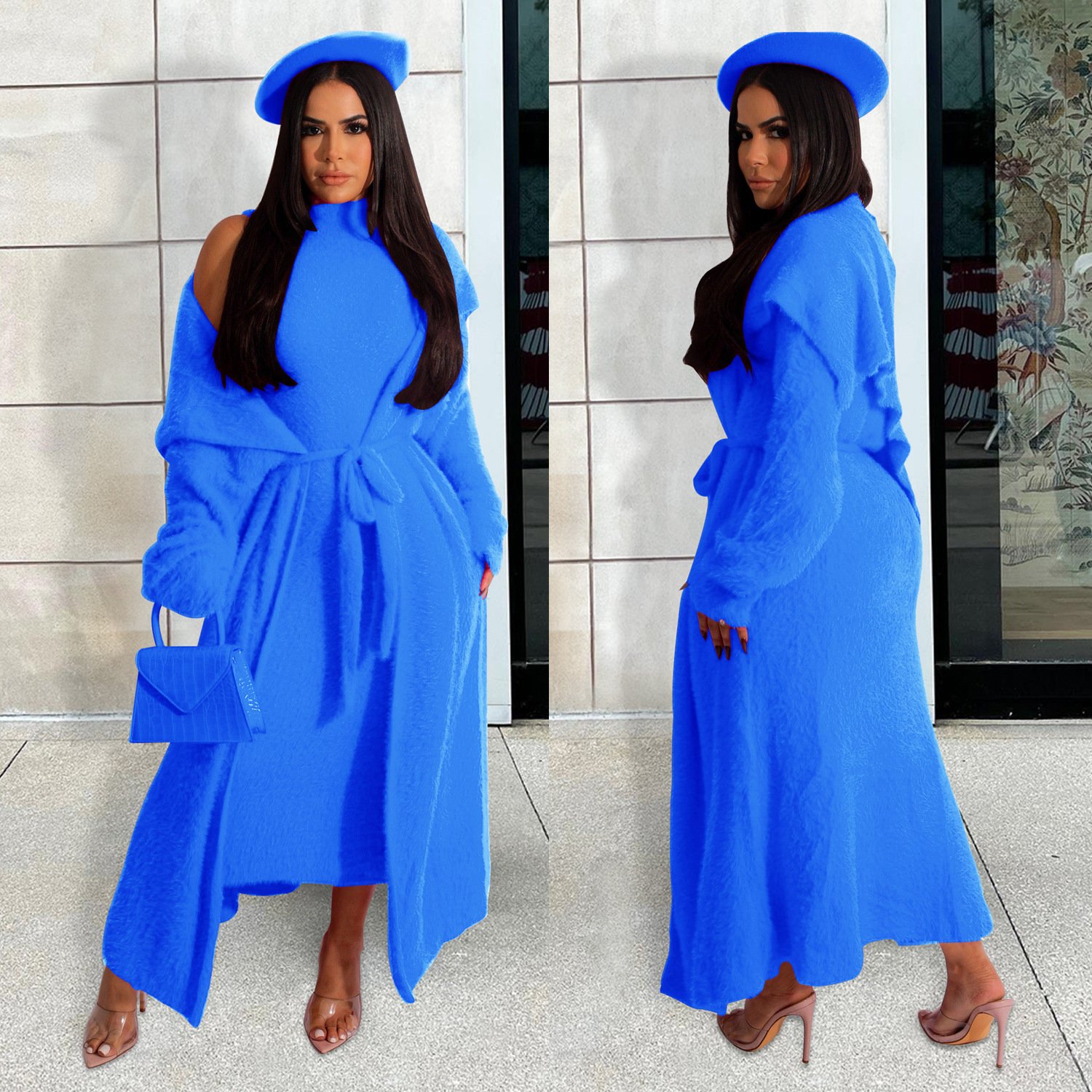 Women's Fashion Solid Color Velvet Set Oversized Coat And Long Cardigan With Loose Fit