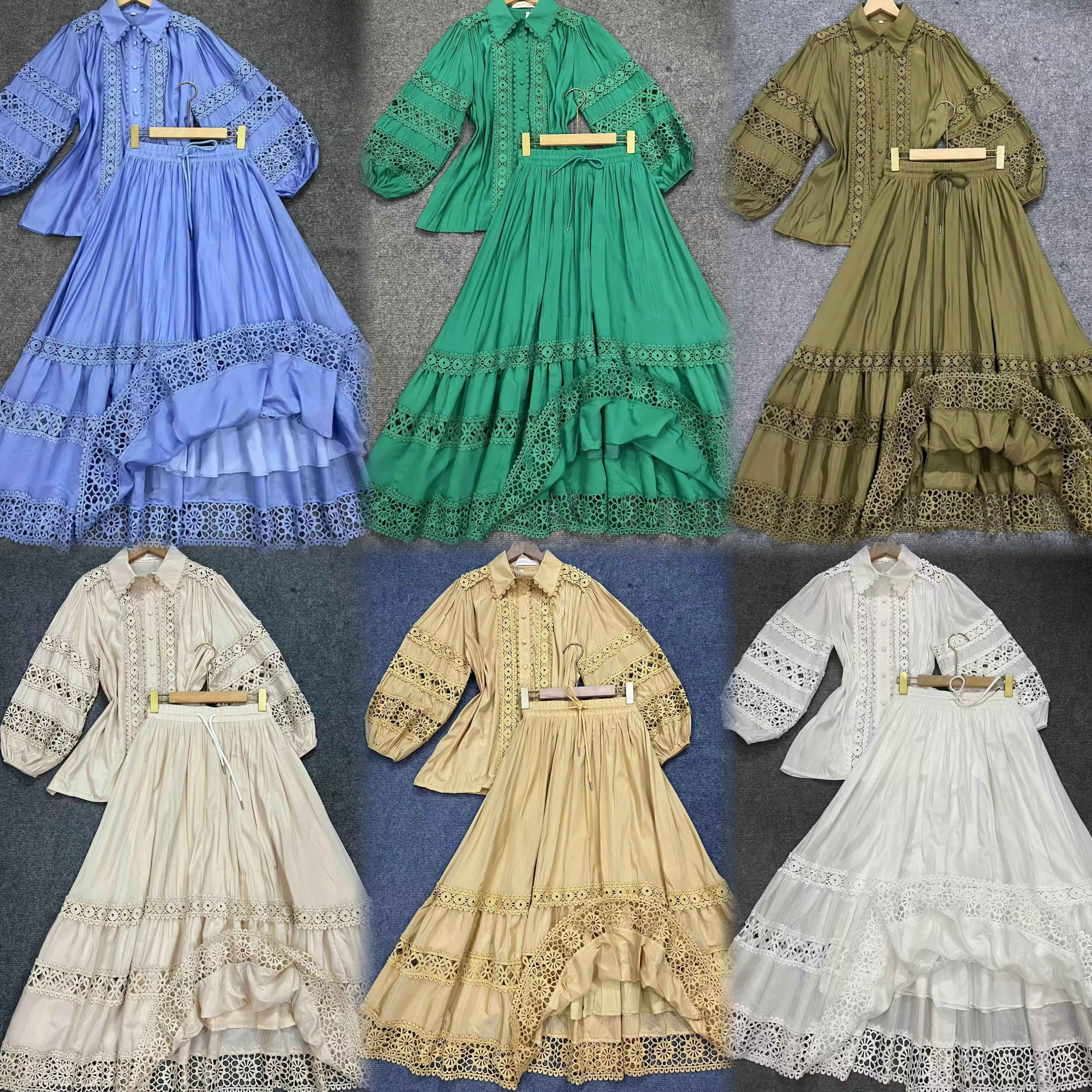 Wholesale Summer New Style V-neck Hollow Lace Embroidered Top High Waist Pleated Half Skirt Set For Women's Sets