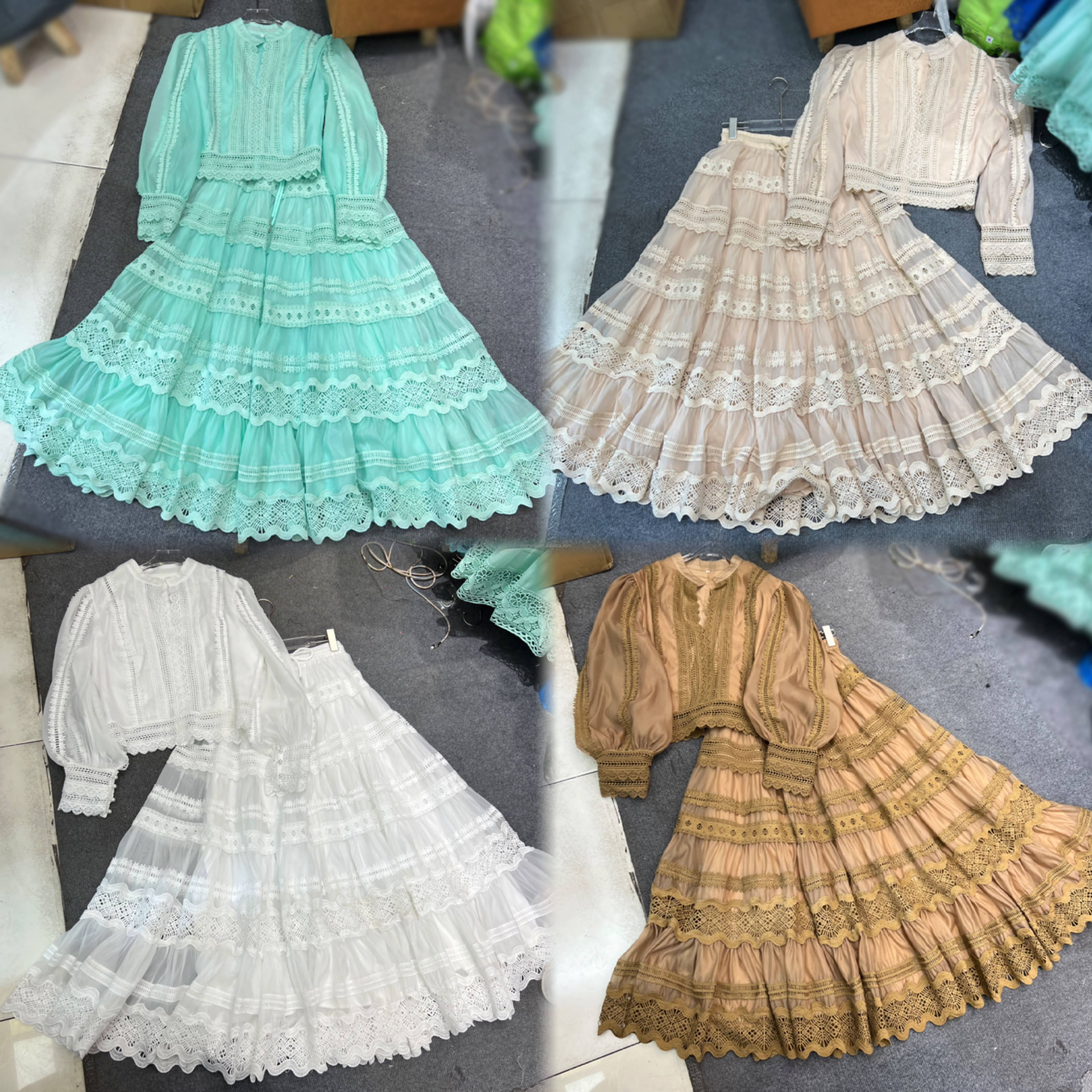 Wholesale Summer New Style V-neck Hollow Lace Embroidered Top High Waist Pleated Half Skirt Set For Women's Sets