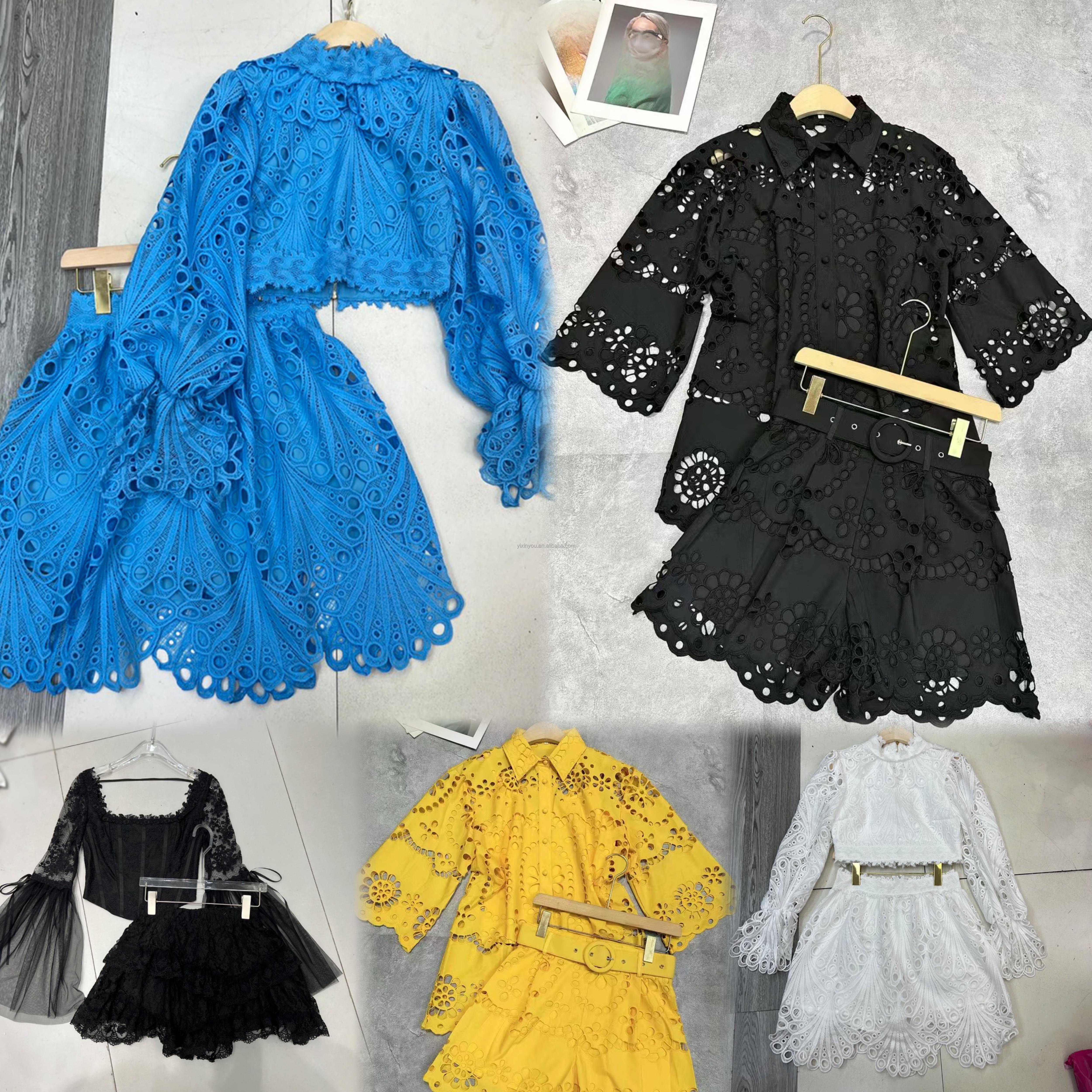 Wholesale Summer New Style V-neck Hollow Lace Embroidered Top High Waist Pleated Half Skirt Set For Women's Sets