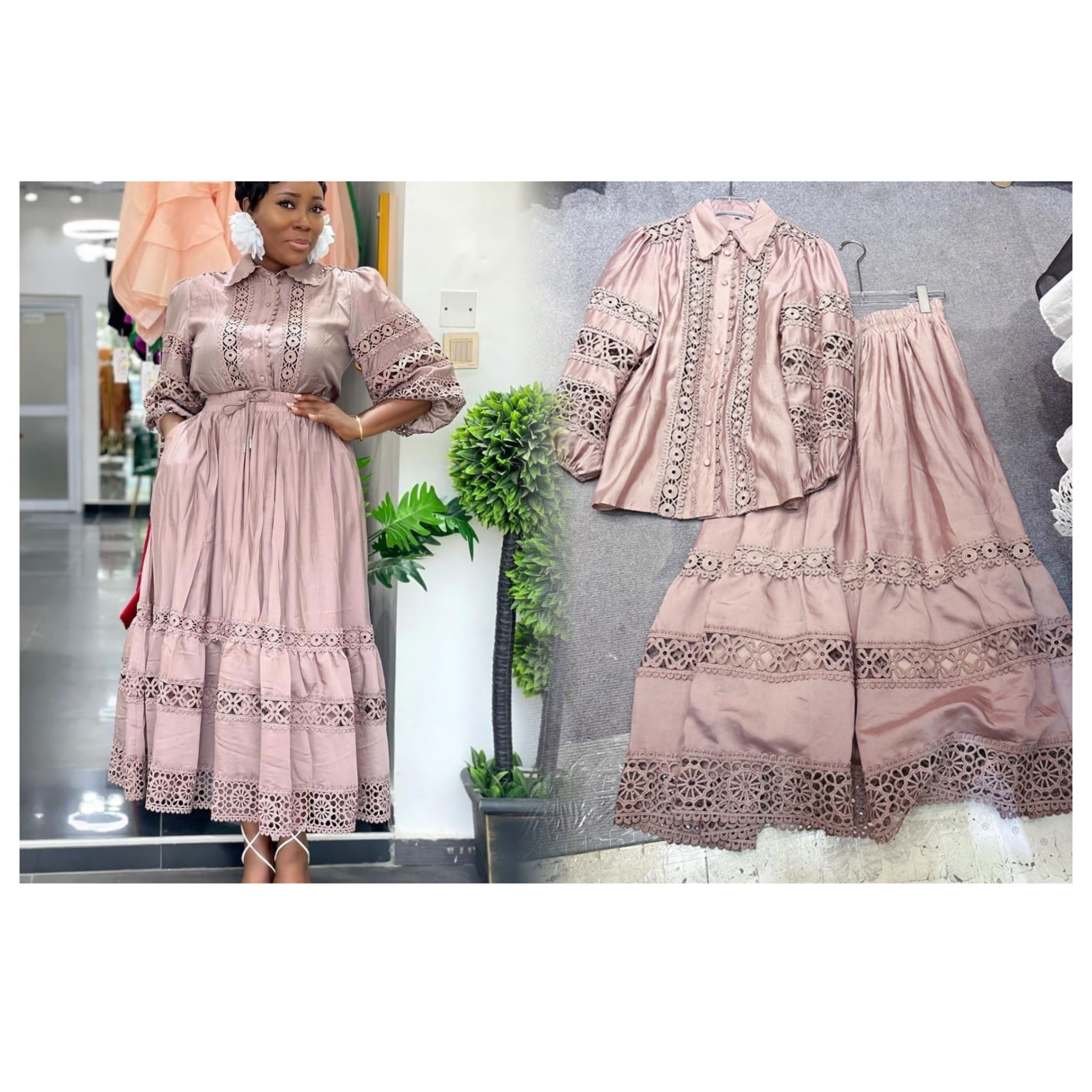 Wholesale Summer New Style V-neck Hollow Lace Embroidered Top High Waist Pleated Half Skirt Set For Women's Sets