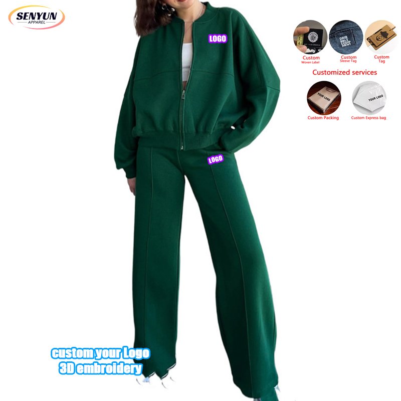 2024 New Zip Tracksuits Two Piece Custom 3d Puff Printing Logo Fashion Plus Size Plain Outfits Gym Jogger Sports Women'S Sets