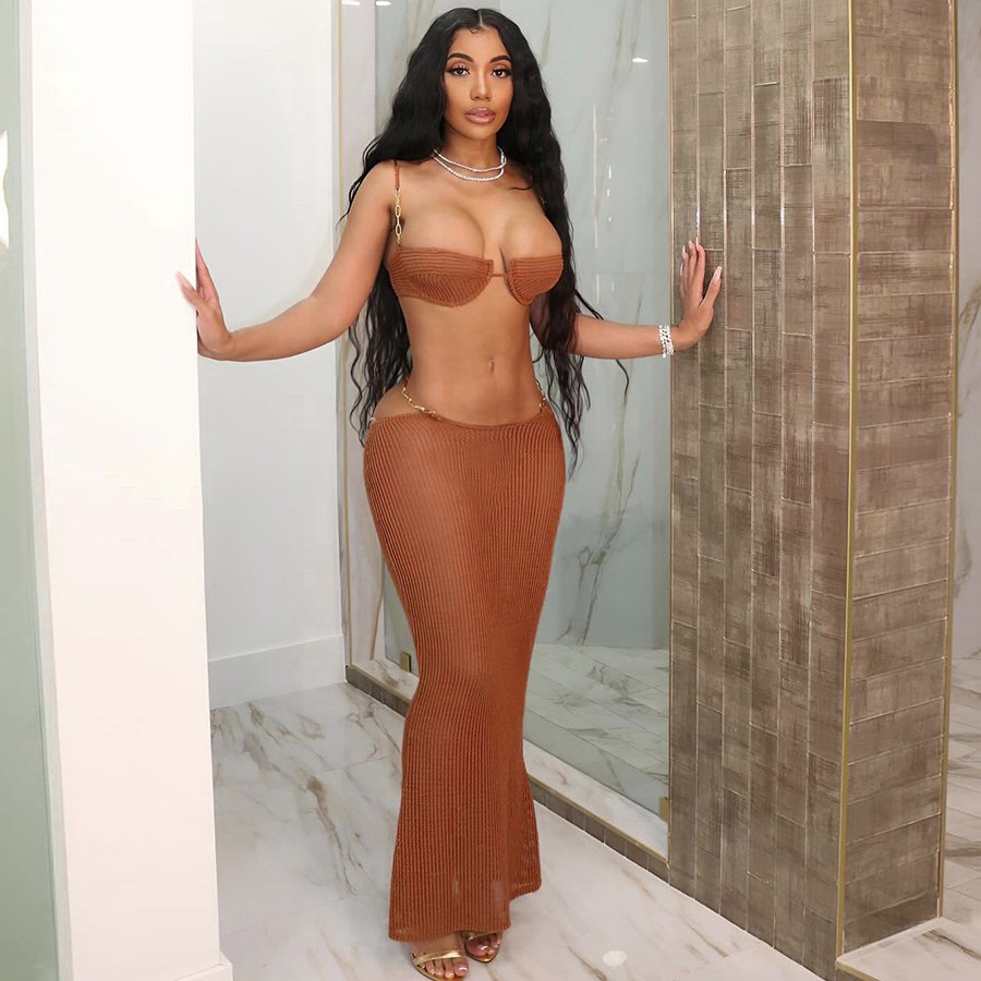 Kliou K24S44749 New arrivals 2 piece set women sexy top+maxi skirt women's sets trendy mesh solid outfit