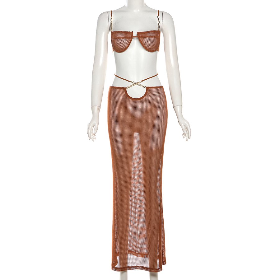 Kliou K24S44749 New arrivals 2 piece set women sexy top+maxi skirt women's sets trendy mesh solid outfit