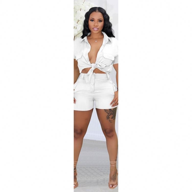 Women Fashion Short Sets Two Piece Casual Pocket 2 Piece Solid Color Set Women Summer 2024 Two Piece Set