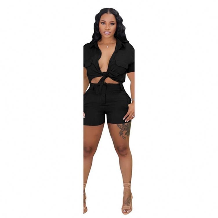 Women Fashion Short Sets Two Piece Casual Pocket 2 Piece Solid Color Set Women Summer 2024 Two Piece Set