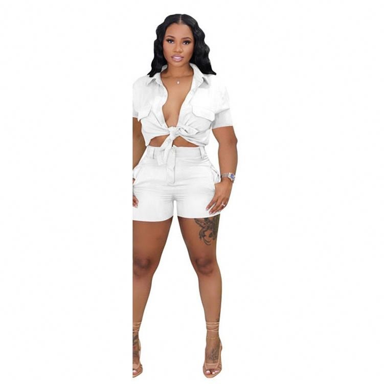 Women Fashion Short Sets Two Piece Casual Pocket 2 Piece Solid Color Set Women Summer 2024 Two Piece Set