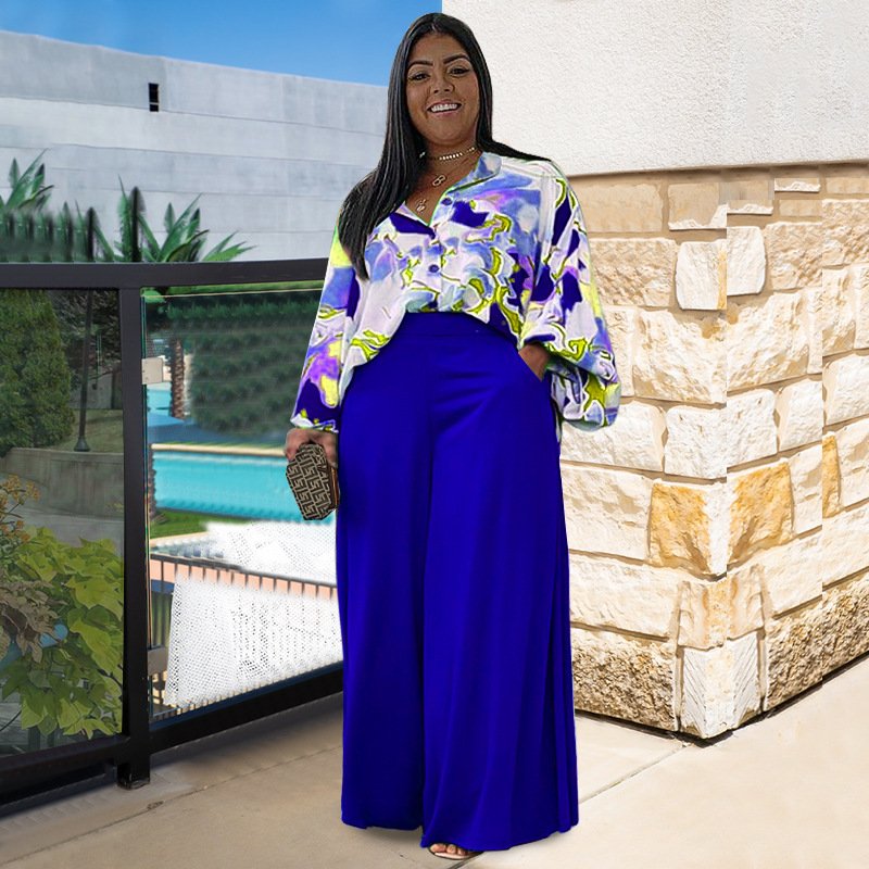 N7761 Best-Selling Plus Size Women's Clothing Loose Casual Printed Shirt And Wide Leg Pants Set 2 Pieces Fall Outfits For Women