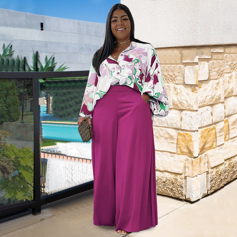 N7761 Best-Selling Plus Size Women's Clothing Loose Casual Printed Shirt And Wide Leg Pants Set 2 Pieces Fall Outfits For Women
