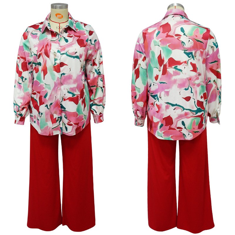 N7761 Best-Selling Plus Size Women's Clothing Loose Casual Printed Shirt And Wide Leg Pants Set 2 Pieces Fall Outfits For Women