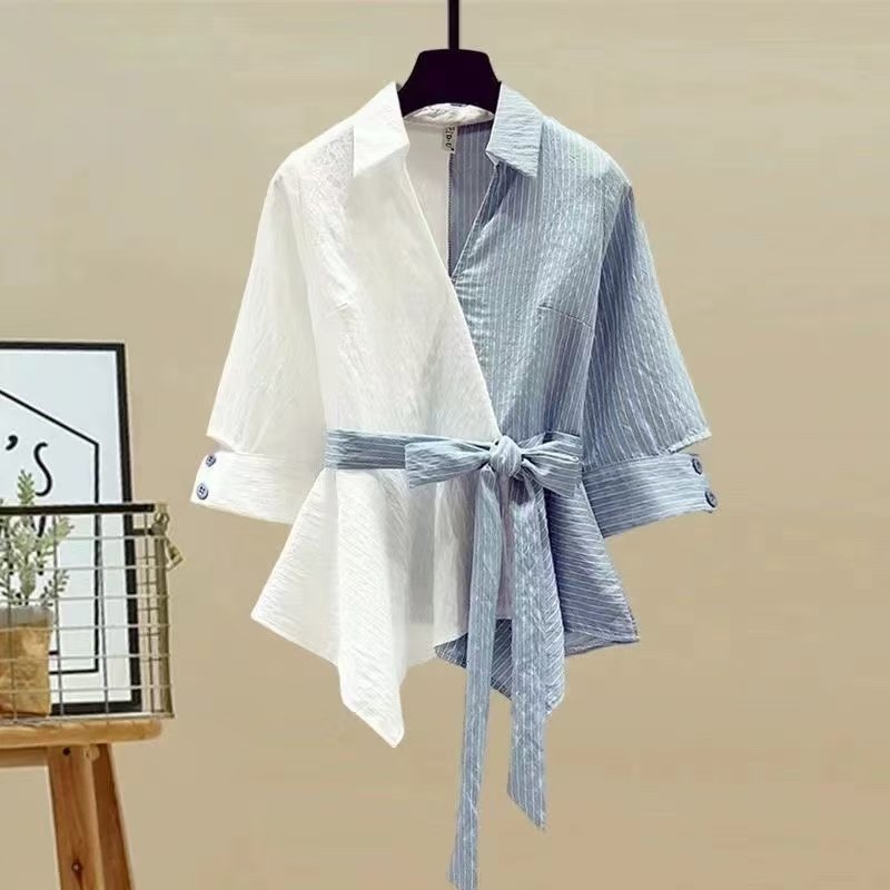 Large size women's new fashionable elegant stripe print V-neck long sleeve shirt,denim long dress casual two-piece set