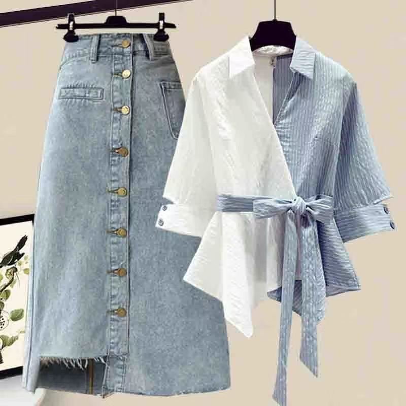 Large size women's new fashionable elegant stripe print V-neck long sleeve shirt,denim long dress casual two-piece set