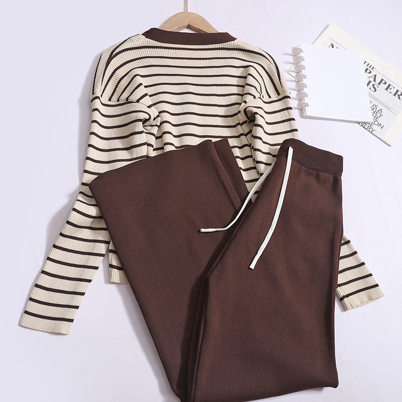 Boutique Wholesale 2024 Autumn Fashion Striped Long Sleeved Knitted Cardigan with Drawstring Wide Leg Pants Women's Set