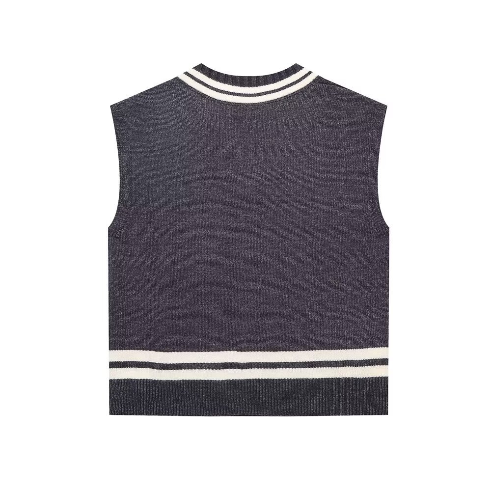 PB&ZA set woman 2 pieces 2024 Fashion Color contrast preppy knit suit Vintage vest Vents Female + Mini skirt Women's suit