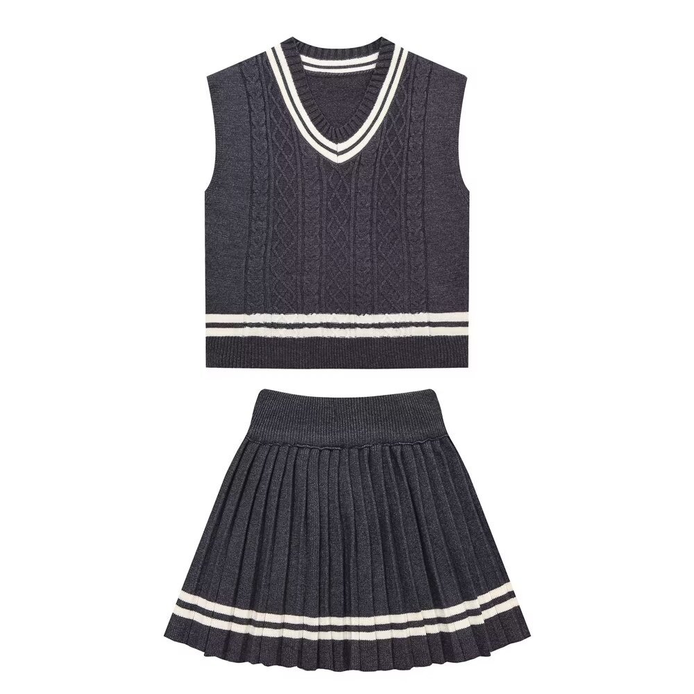 PB&ZA set woman 2 pieces 2024 Fashion Color contrast preppy knit suit Vintage vest Vents Female + Mini skirt Women's suit
