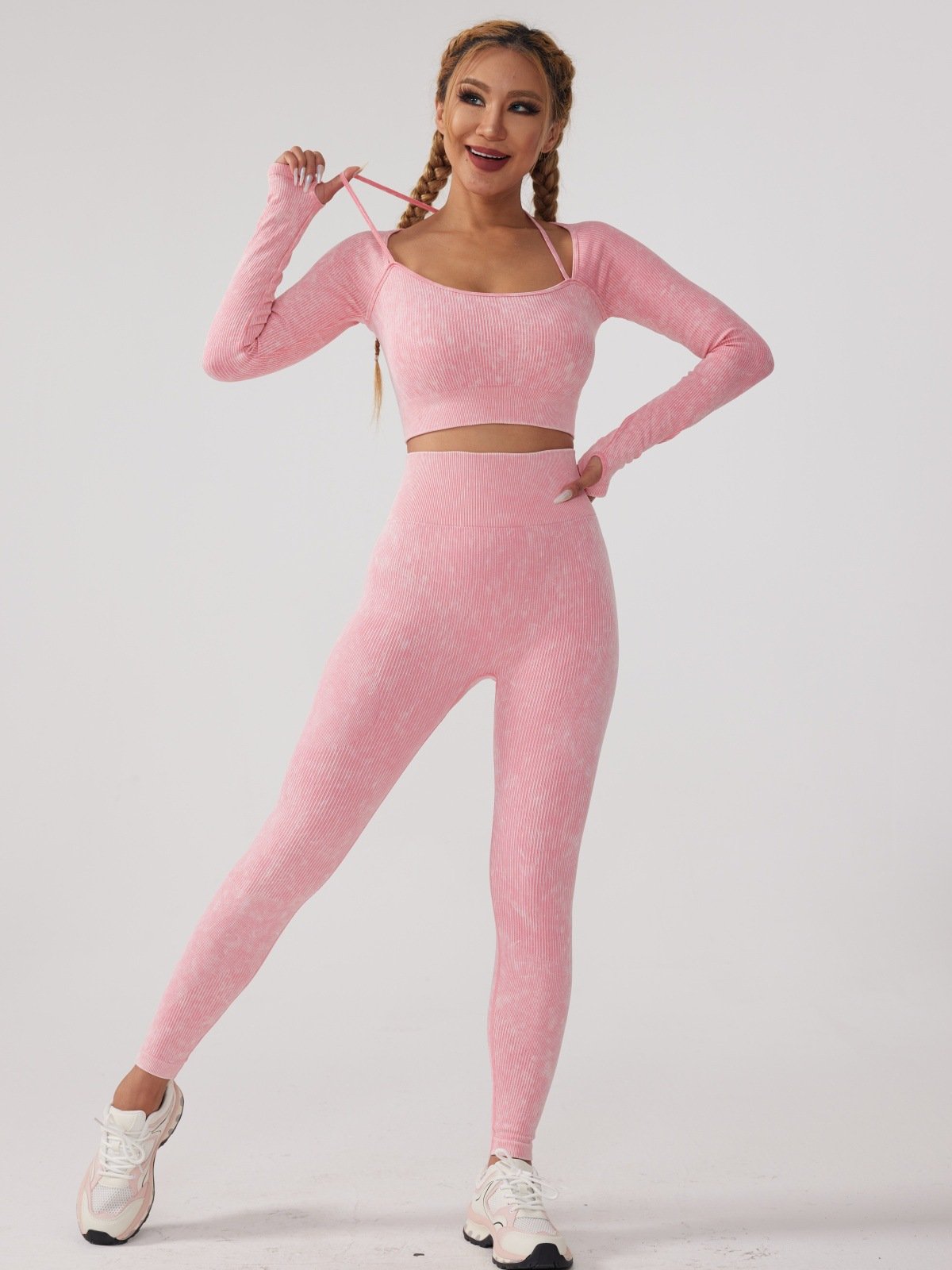 2 Pieces Seamless Women Washing Yoga Set Workout Sportswear Fitness Long Sleeve Crop Top High Waist Leggings Sports Suits