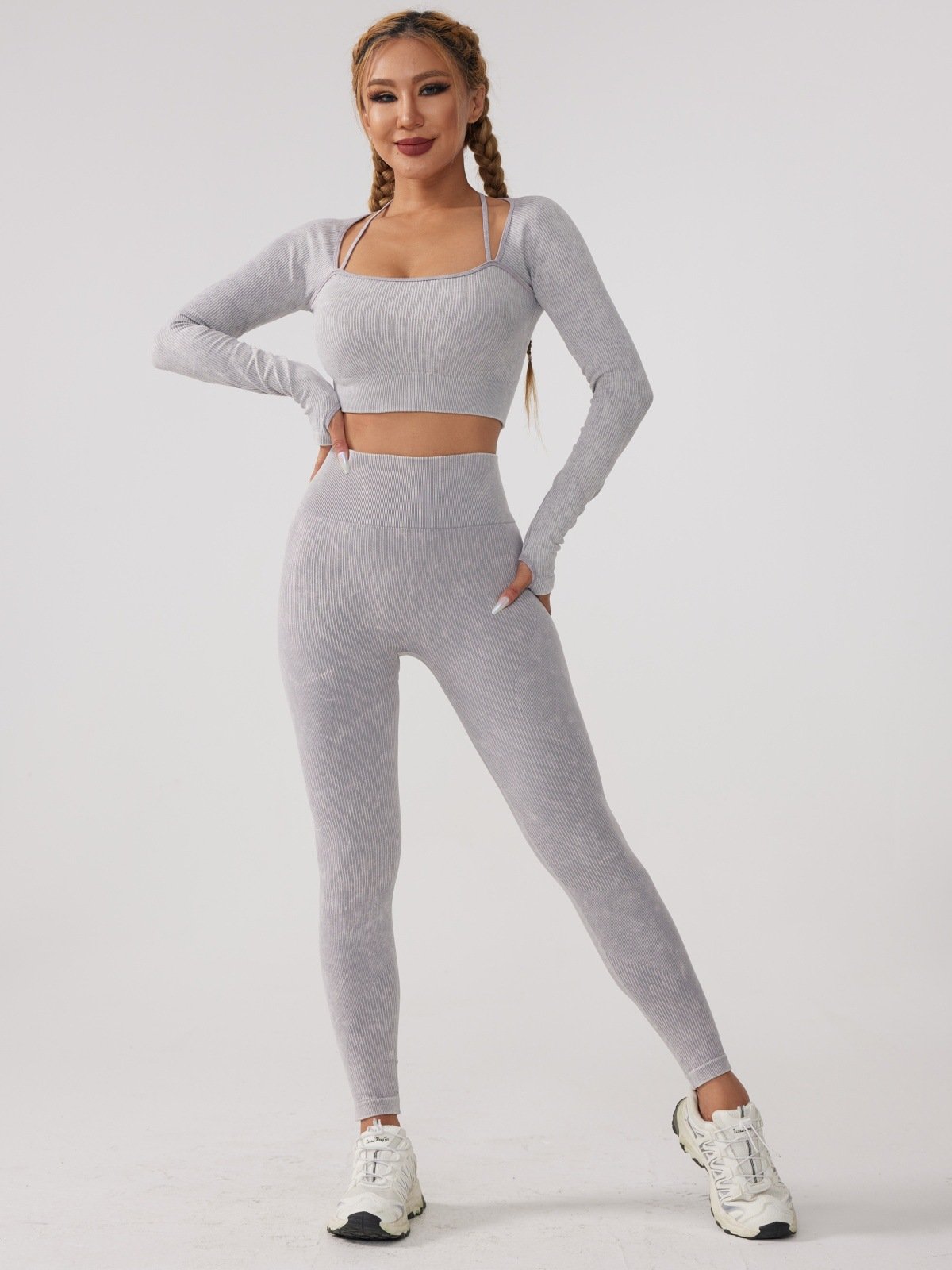 2 Pieces Seamless Women Washing Yoga Set Workout Sportswear Fitness Long Sleeve Crop Top High Waist Leggings Sports Suits