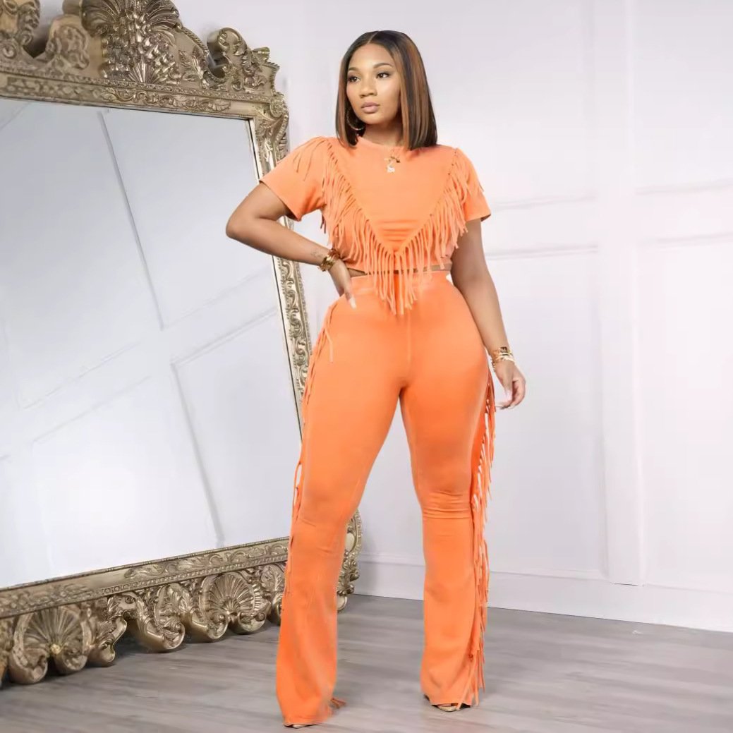 2024 New Fashion Women's Comfortable and Casual Elastic Tassel Two Piece Set