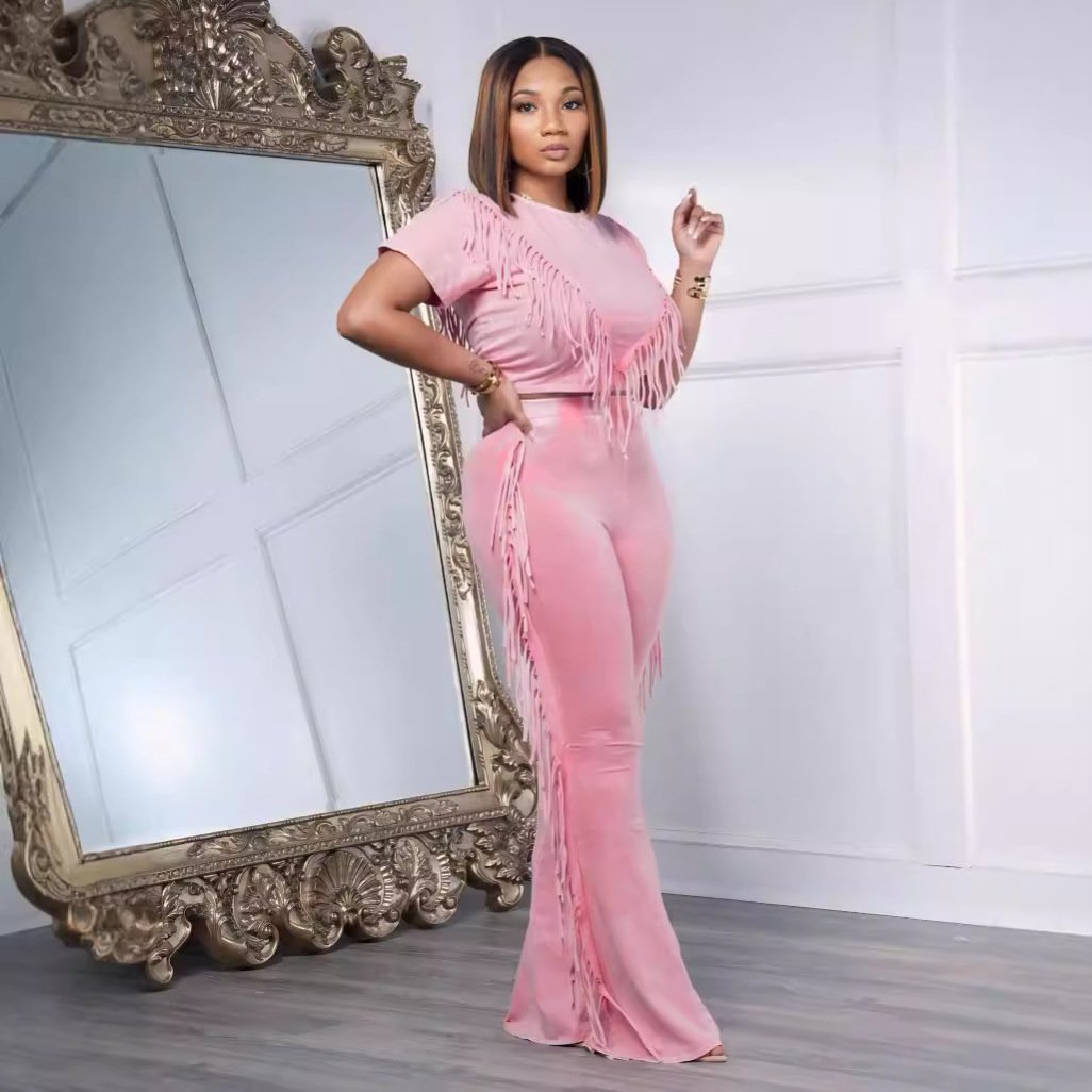 2024 New Fashion Women's Comfortable and Casual Elastic Tassel Two Piece Set