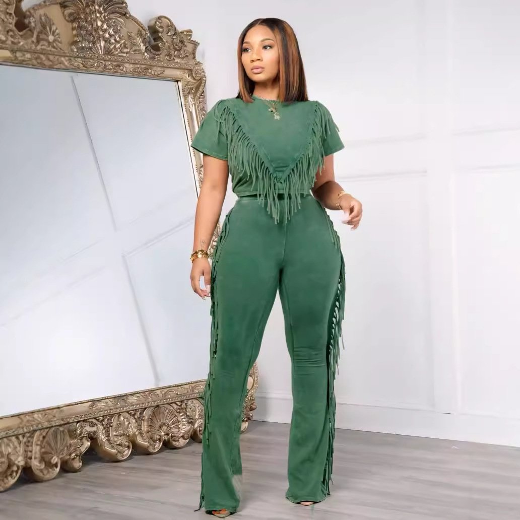 2024 New Fashion Women's Comfortable and Casual Elastic Tassel Two Piece Set