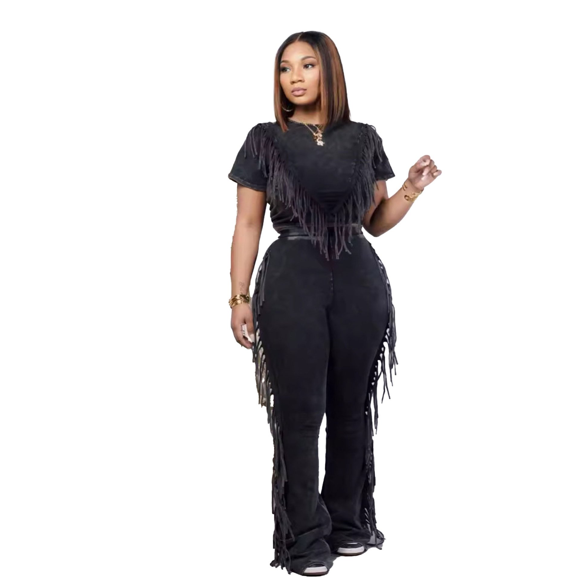 2024 New Fashion Women's Comfortable and Casual Elastic Tassel Two Piece Set