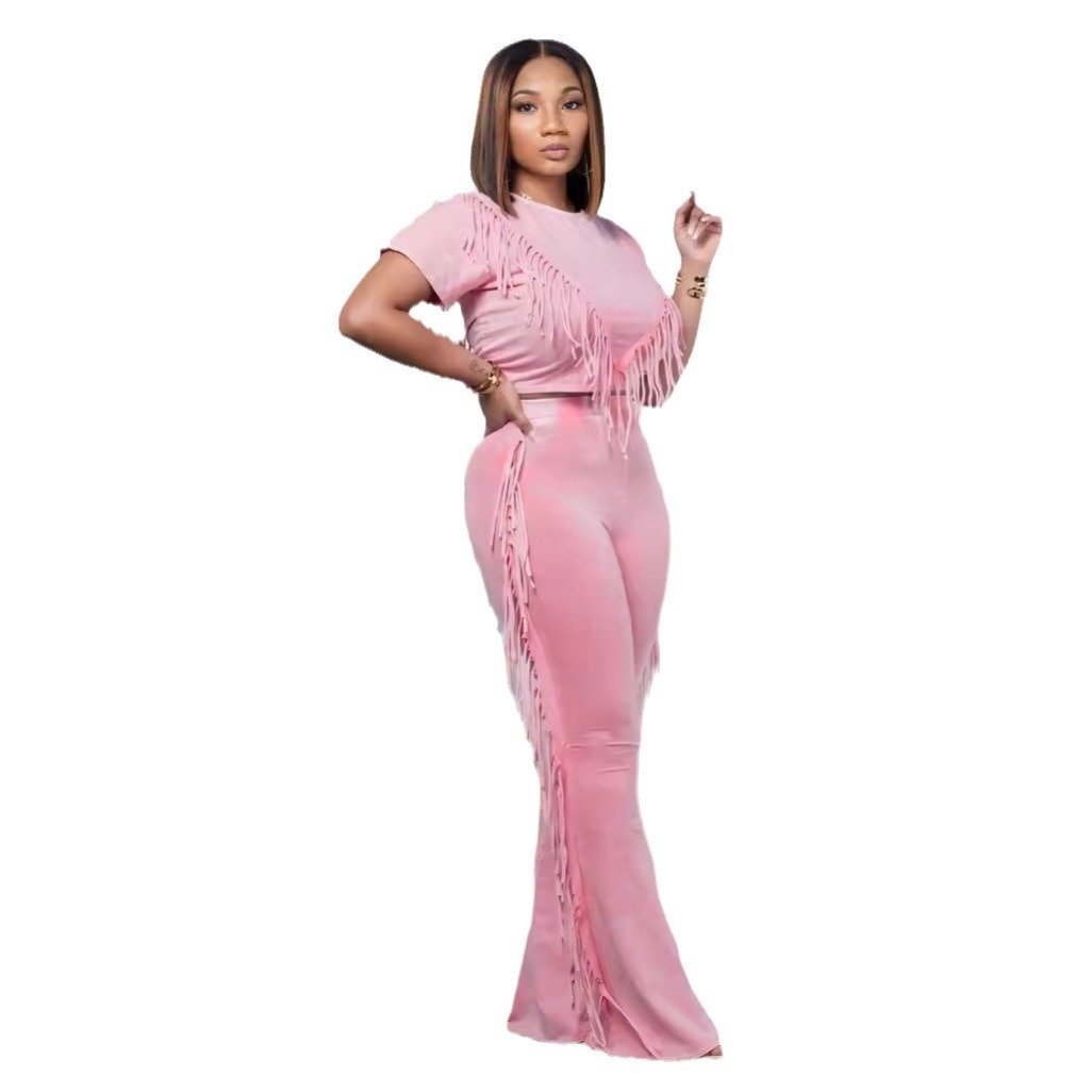 2024 New Fashion Women's Comfortable and Casual Elastic Tassel Two Piece Set