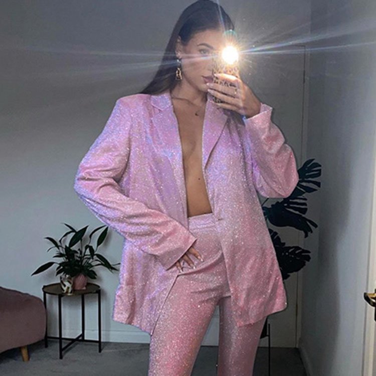 Glitter Bra Top Blazer And Trouser Three Piece Suit Party Club Fashion Sequin Clothes Y2K Clothing Women's Sets For Women