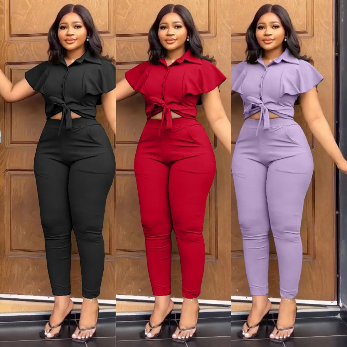 Latest Design Summer Outfits For Women Casual Polo Neck Short Sleeve Shirt Wide Leg Pants Two Piece Set Women Clothing