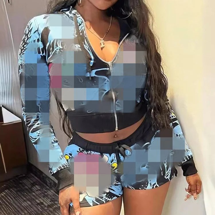 Fashion Printed Shorts Set Pattern Hooded Zipper Long Sleeve Hoodies High Waist Drawstring Short Pants Suit