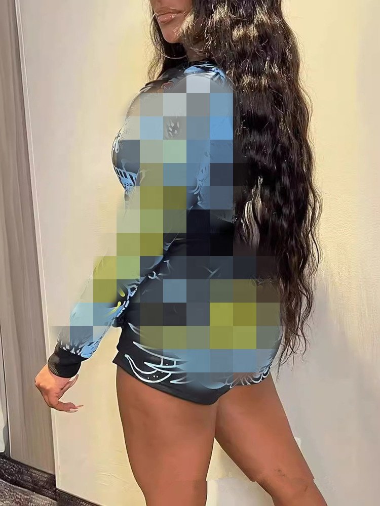 Fashion Printed Shorts Set Pattern Hooded Zipper Long Sleeve Hoodies High Waist Drawstring Short Pants Suit