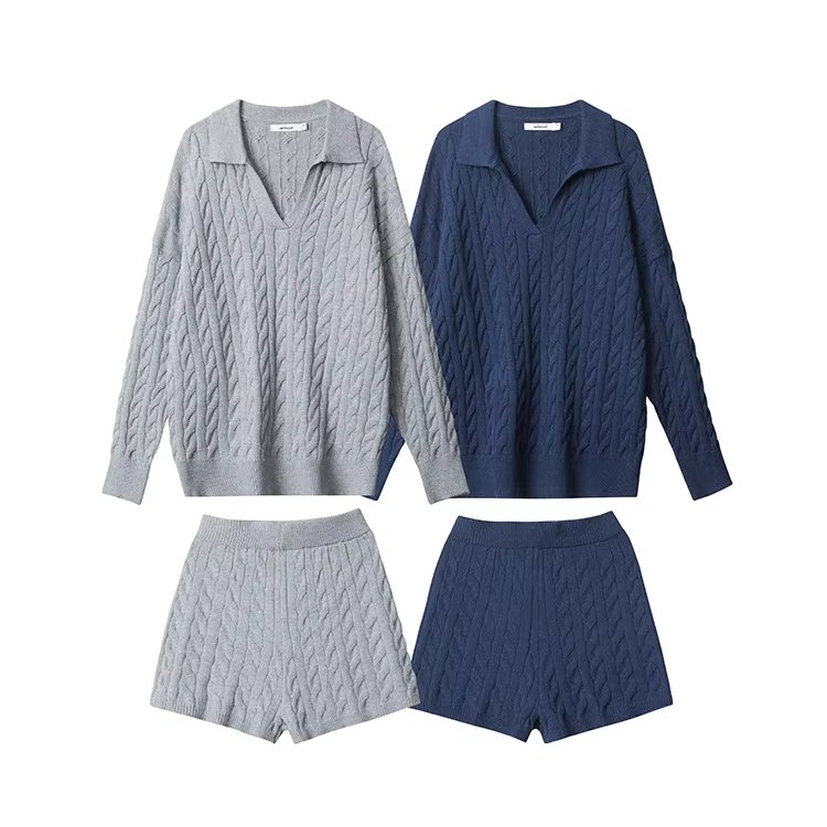 women's sets Spring autumn new sweater 2 piece set women Polo collar solid twist top shorts suit two piece set women clothing