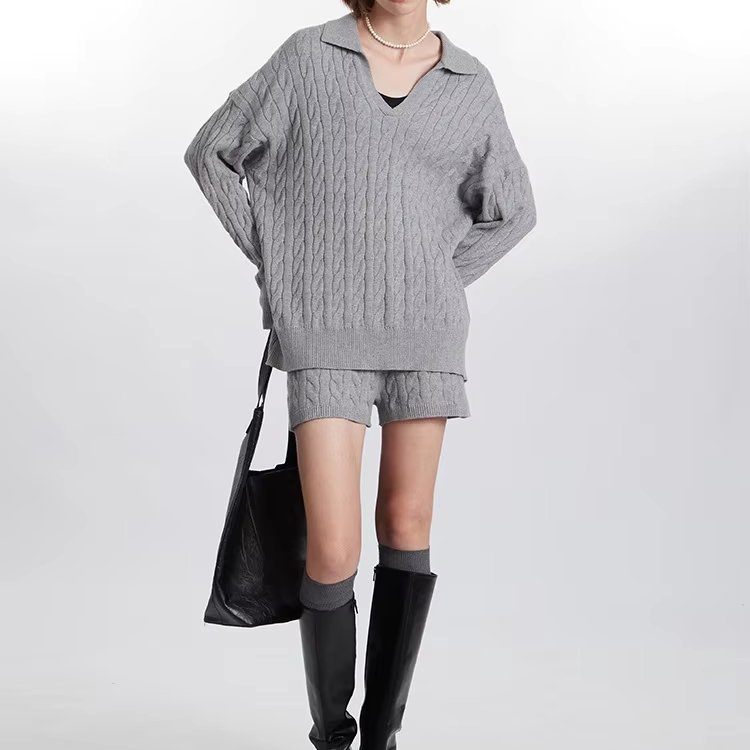 women's sets Spring autumn new sweater 2 piece set women Polo collar solid twist top shorts suit two piece set women clothing