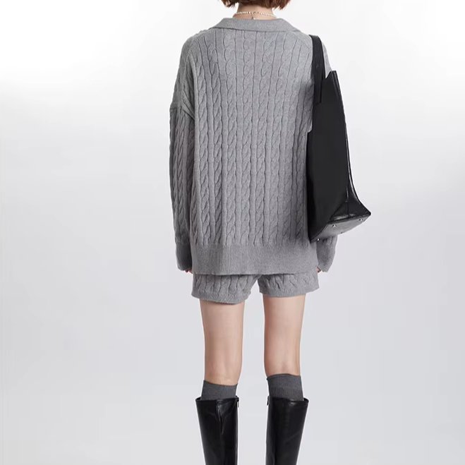 women's sets Spring autumn new sweater 2 piece set women Polo collar solid twist top shorts suit two piece set women clothing