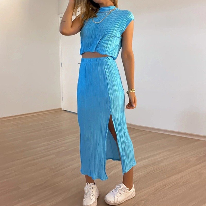 2024 New Product Pleated Half High Neck Short Shirt High Waist Split Mid length Skirt Two Piece Set