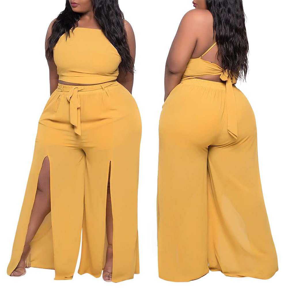 Summer 2 piece sleeveless crop top wide leg pant set 2022 plus size women's sets