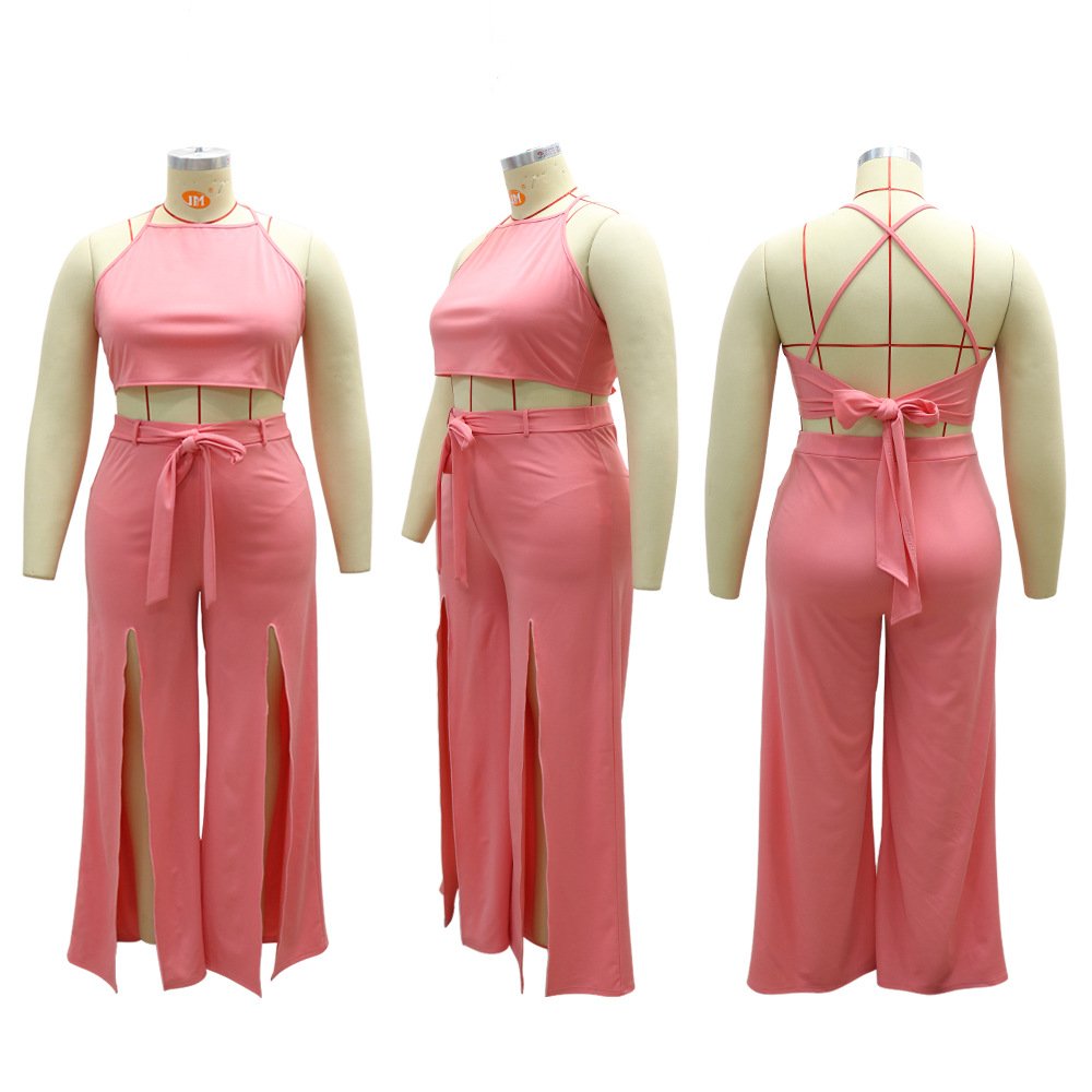 Summer 2 piece sleeveless crop top wide leg pant set 2022 plus size women's sets