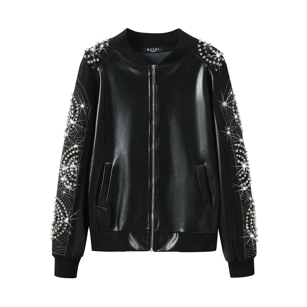 Custom Logo OEM ODM Women'S Clothing Fashion Rhinestone PU Leather Casual Two Piece Sets Women Rhinestone Suits