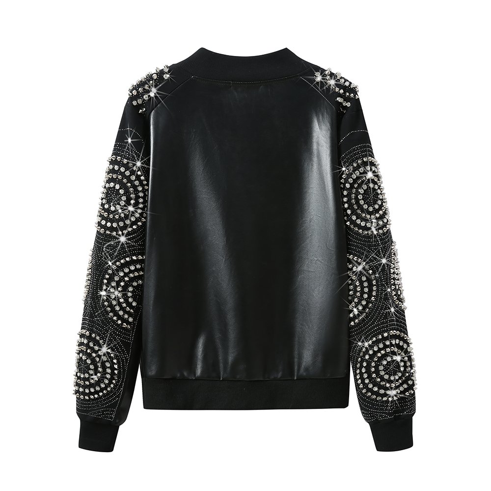 Custom Logo OEM ODM Women'S Clothing Fashion Rhinestone PU Leather Casual Two Piece Sets Women Rhinestone Suits