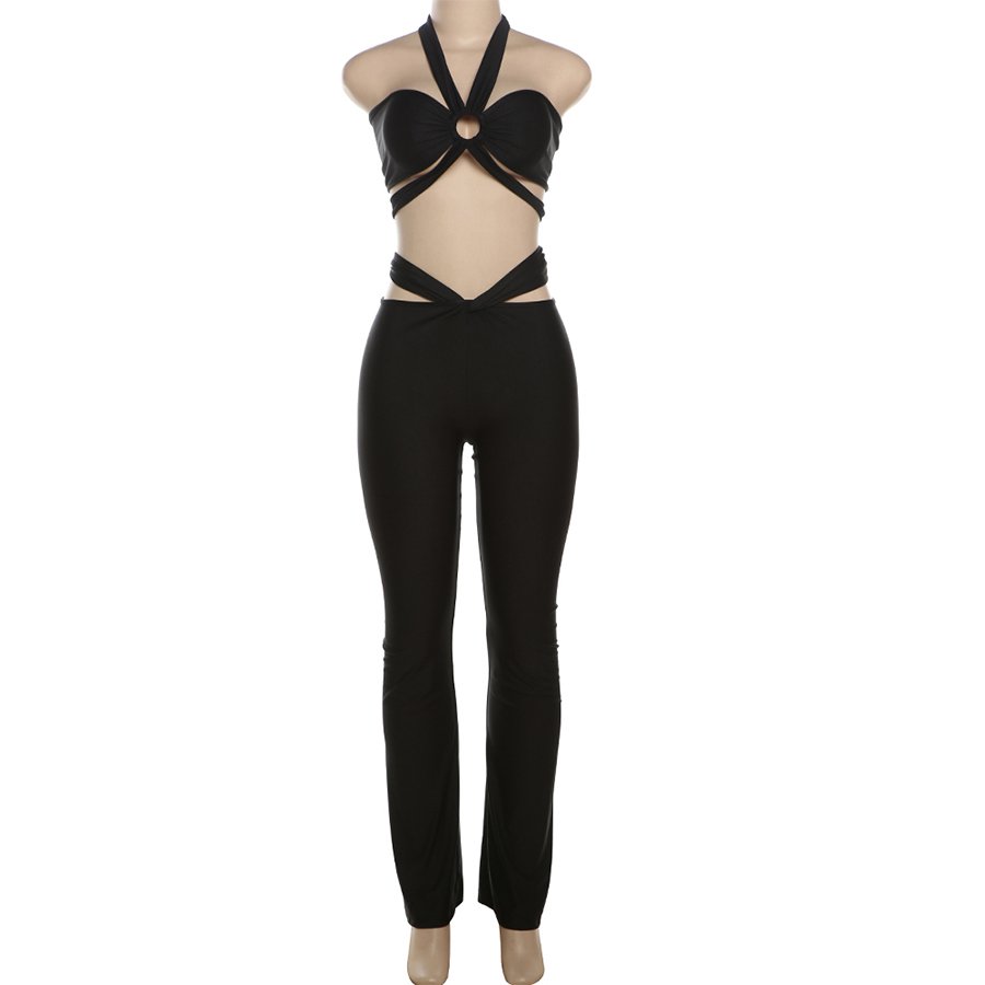 Kliou K24S52559 Summer women's sets sexy party wear halter sleeveless tops+ skinny pants outfits solid 2 Piece set women