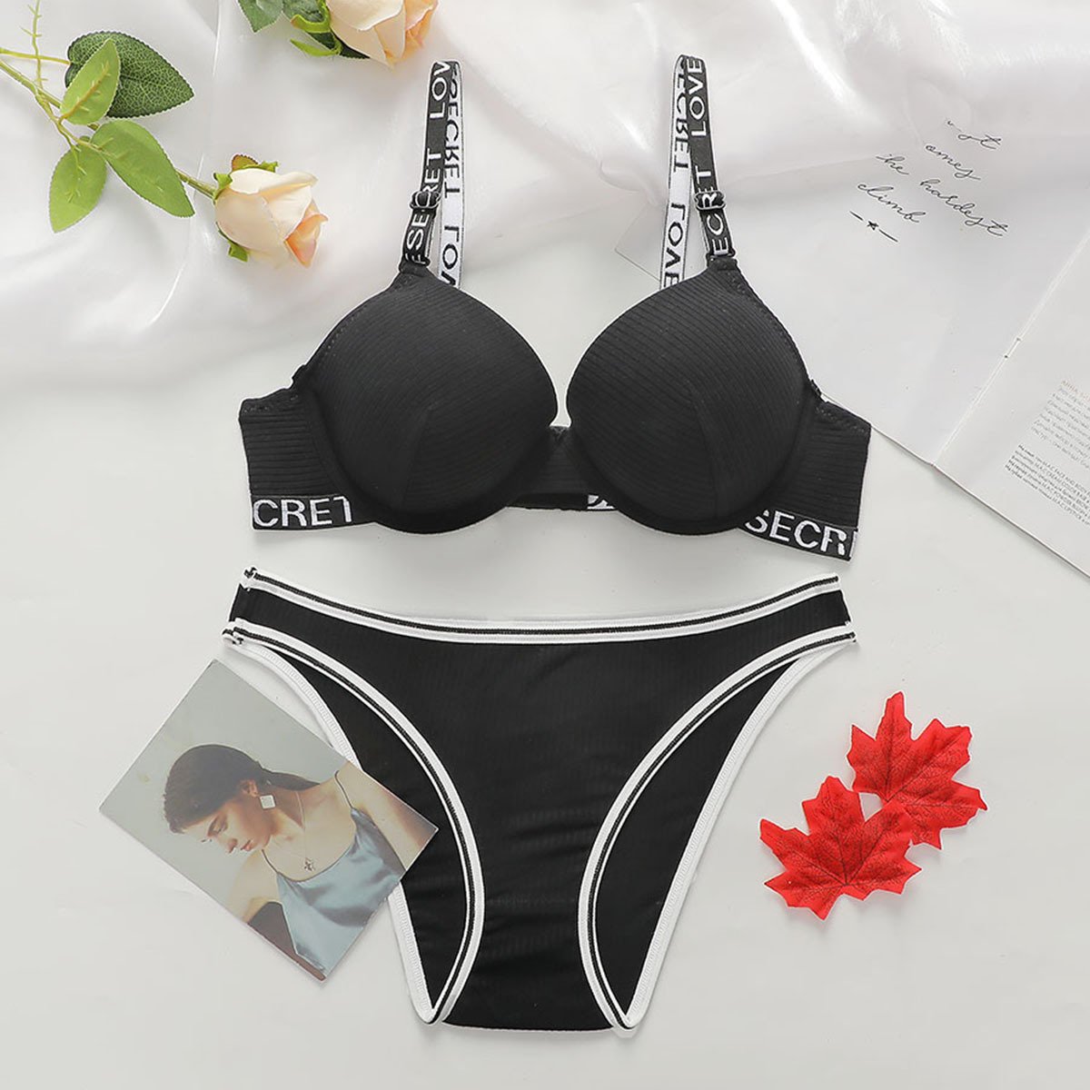 Europe and the United States sexy underwear suit beauty back women's sets adjustable letters shoulder strap bra brief sets