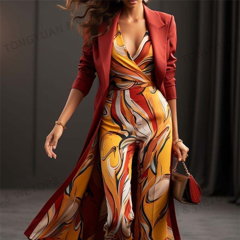 Custom Manufacturing Clothes solid color women's Blazer trend print long business wear office women's suit three piece set