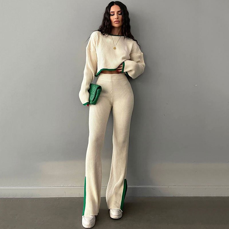 2023 Autumn Winter Knitted O-Neck Long Sleeve Sweater Top And Splice Pant Women Two Piece Pant Set