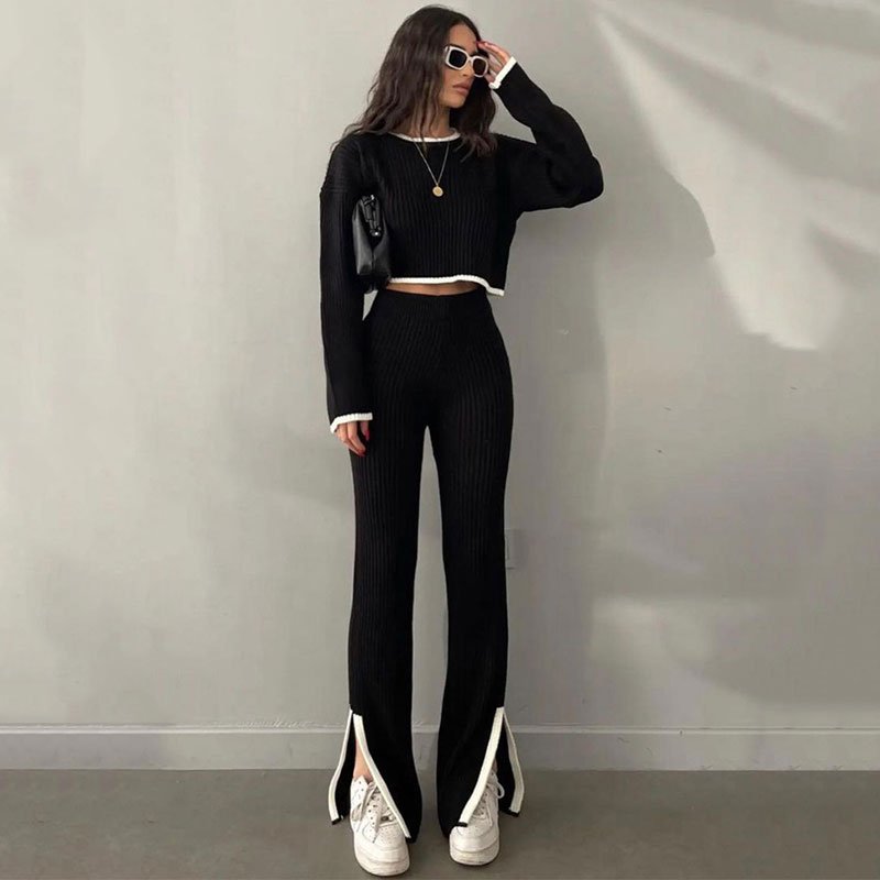 2023 Autumn Winter Knitted O-Neck Long Sleeve Sweater Top And Splice Pant Women Two Piece Pant Set