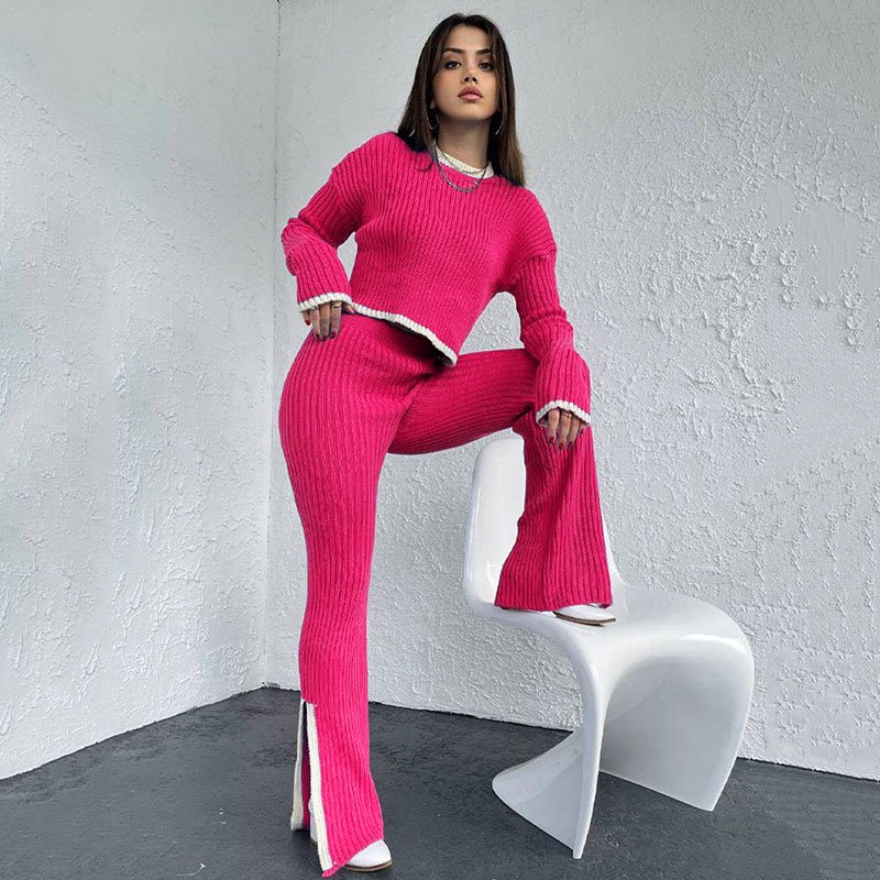 2023 Autumn Winter Knitted O-Neck Long Sleeve Sweater Top And Splice Pant Women Two Piece Pant Set